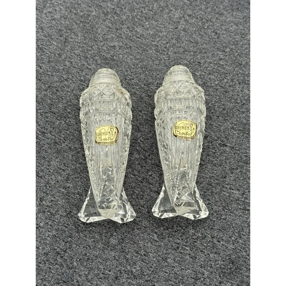 Antique Bohemian Crystal Salt & Pepper Shaker Clear Glass Lids‎ Czechoslovakia